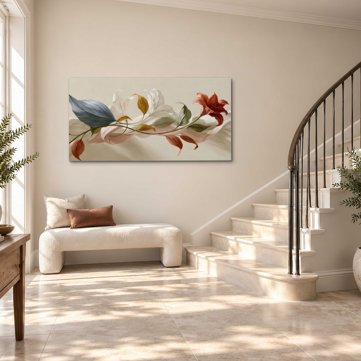 Ivory calla-like flowers and muted red accents curling across a cream background single canvas wall art styled in an interior