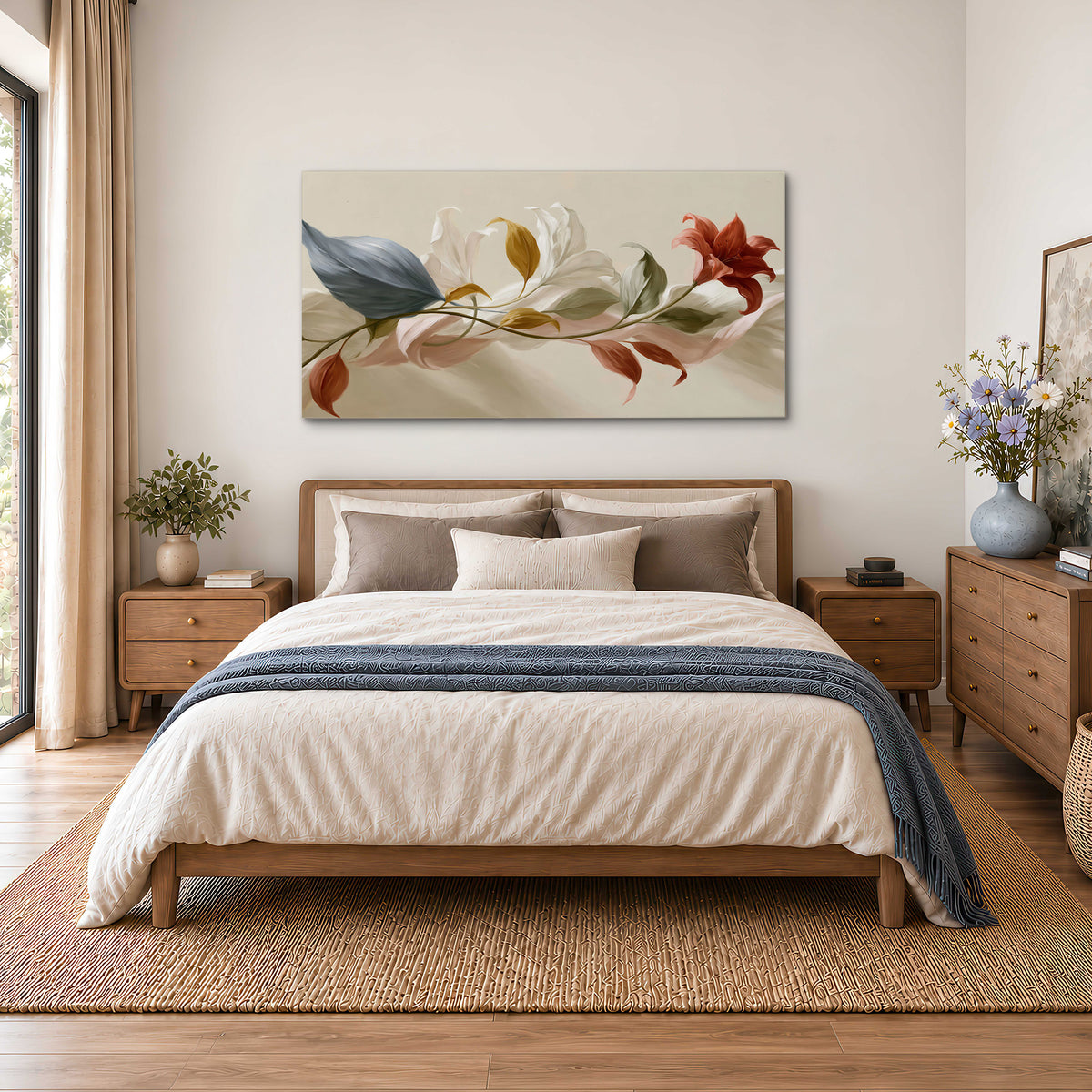 Ivory calla-like flowers and muted red accents curling across a cream background single canvas wall art styled in an interior