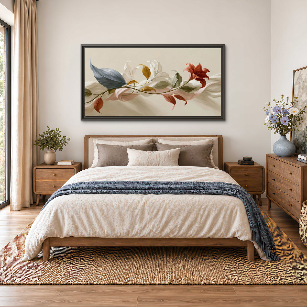 Ivory calla-like flowers and muted red accents curling across a cream background single framed canvas wall art styled in an interior