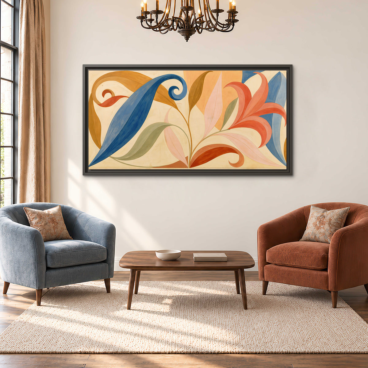 Bold blue, coral and golden leaf-like shapes flowing across a cream ground single framed canvas wall art styled in an interior