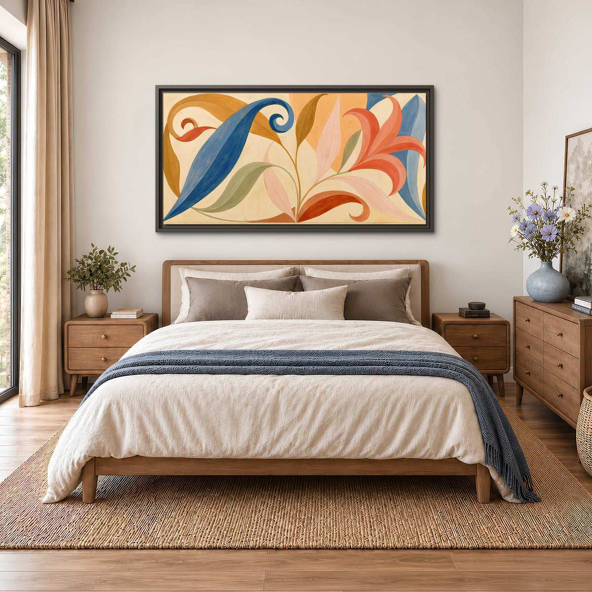 Bold blue, coral and golden leaf-like shapes flowing across a cream ground single framed canvas wall art styled in an interior