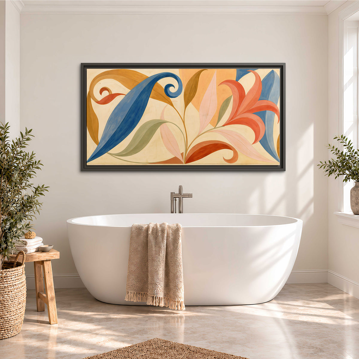 Bold blue, coral and golden leaf-like shapes flowing across a cream ground single framed canvas wall art styled in an interior