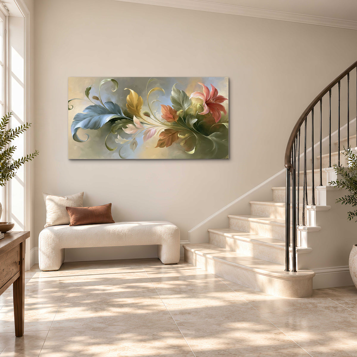 Curving blue, cream and warm red lily-like flowers on a softly shaded background single canvas wall art styled in an interior
