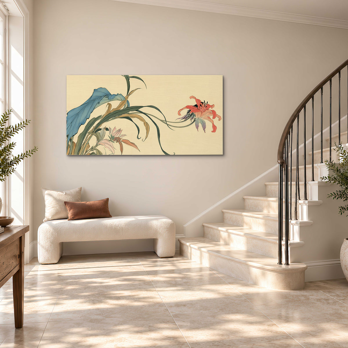 A delicate red flower and long blue-green leaves on a warm cream ground single canvas wall art styled in an interior