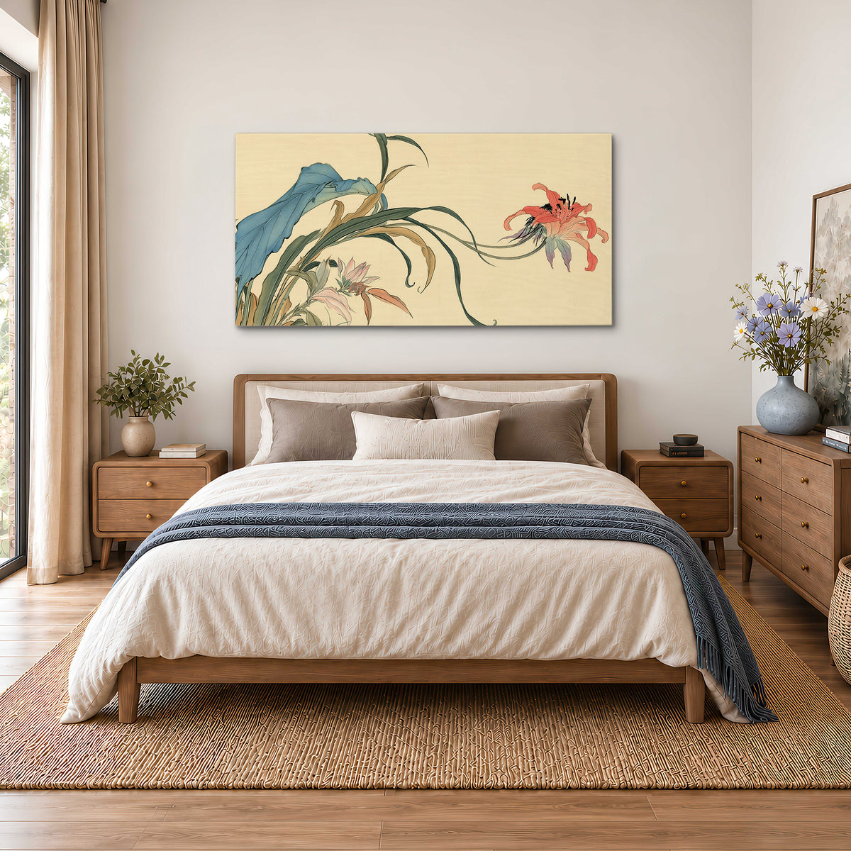 A delicate red flower and long blue-green leaves on a warm cream ground single canvas wall art styled in an interior