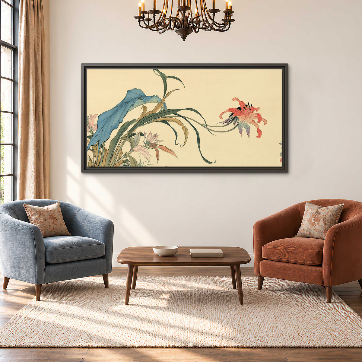 A delicate red flower and long blue-green leaves on a warm cream ground single framed canvas wall art styled in an interior