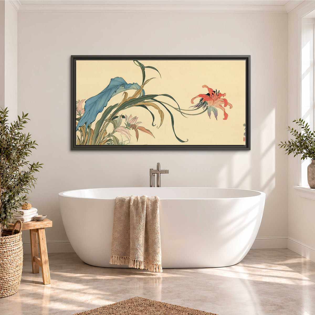 A delicate red flower and long blue-green leaves on a warm cream ground single framed canvas wall art styled in an interior