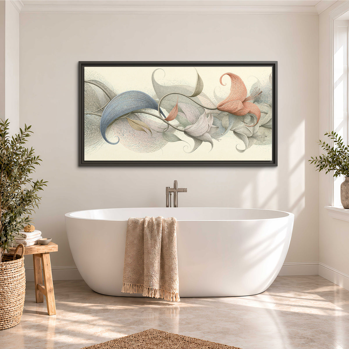 Soft gray, pink and green leaf-like forms joined by delicate flowing lines single framed canvas wall art styled in an interior