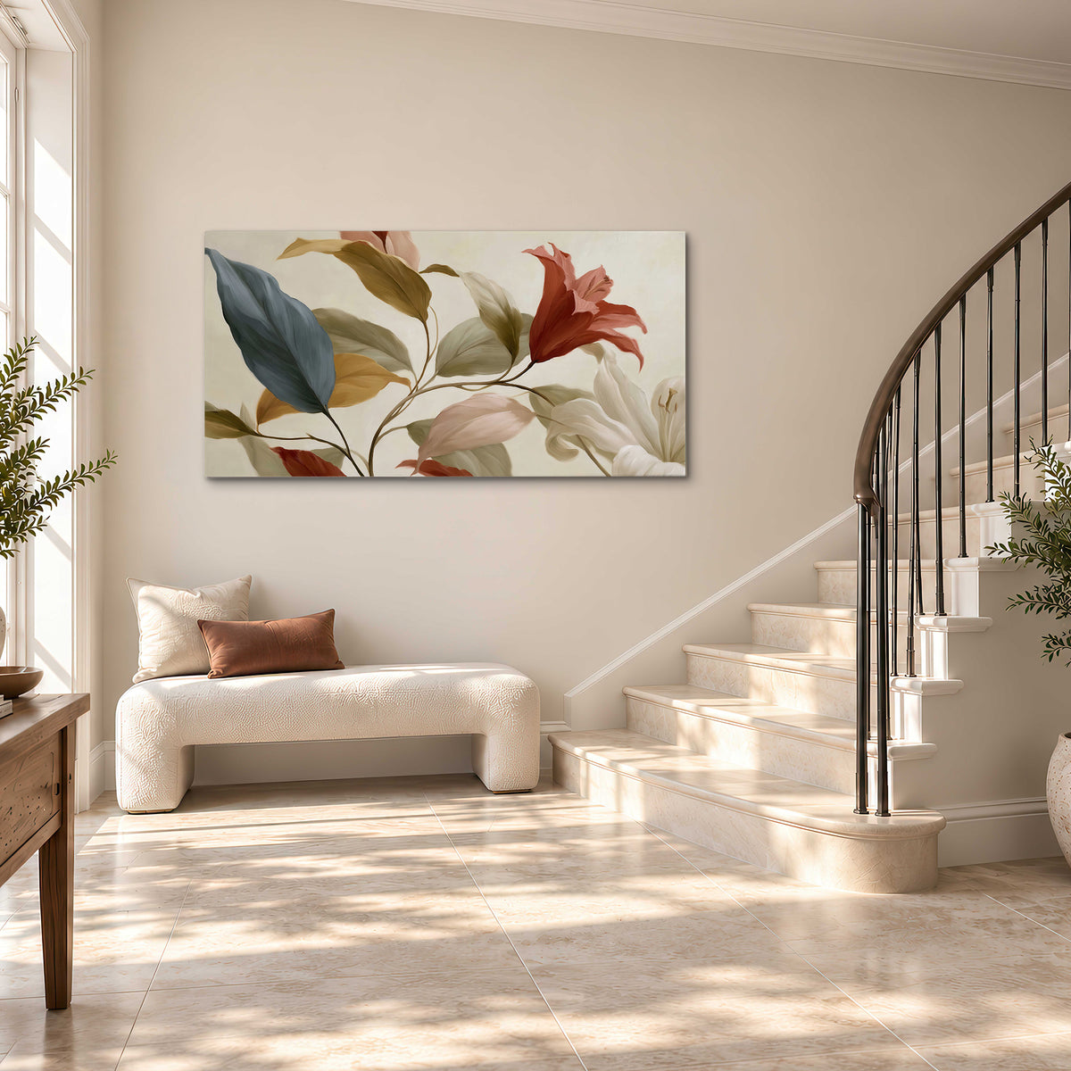 Cream flowers with broad blue and rust leaves sweeping across a neutral background single canvas wall art styled in an interior