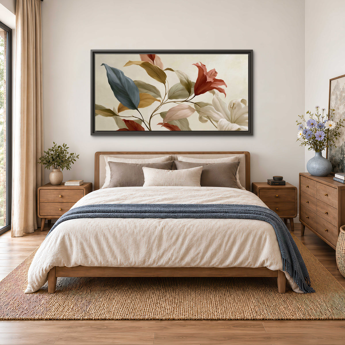Cream flowers with broad blue and rust leaves sweeping across a neutral background single framed canvas wall art styled in an interior
