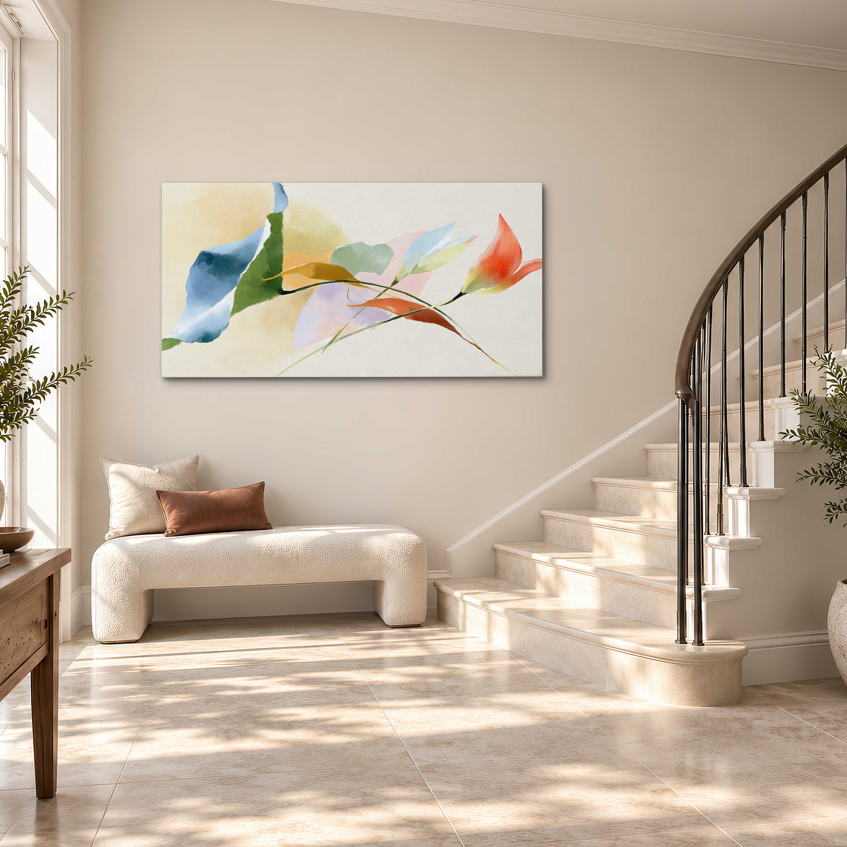 Airy green, orange and blue organic shapes floating across a white background single canvas wall art styled in an interior