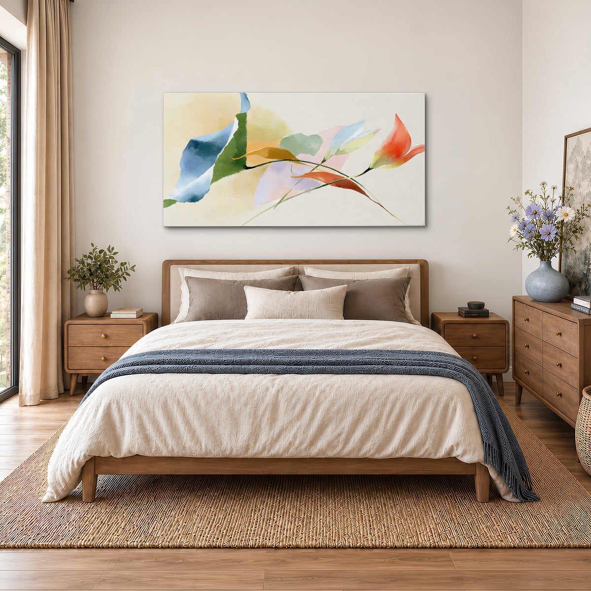 Airy green, orange and blue organic shapes floating across a white background single canvas wall art styled in an interior
