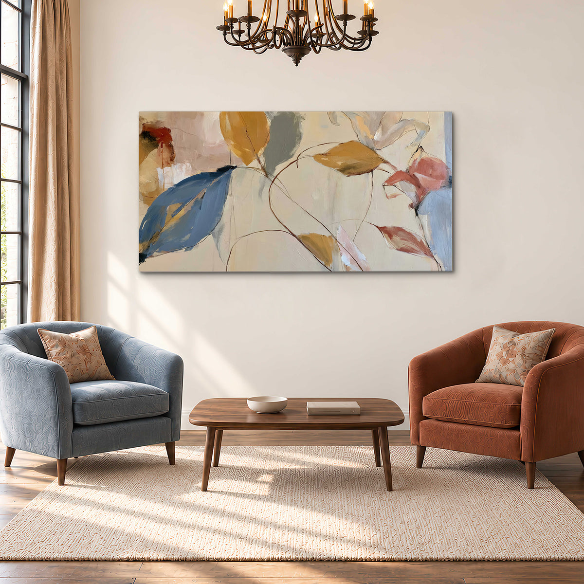 Loose ochre, blue and pink leaves arranged on a pale layered background single canvas wall art styled in an interior