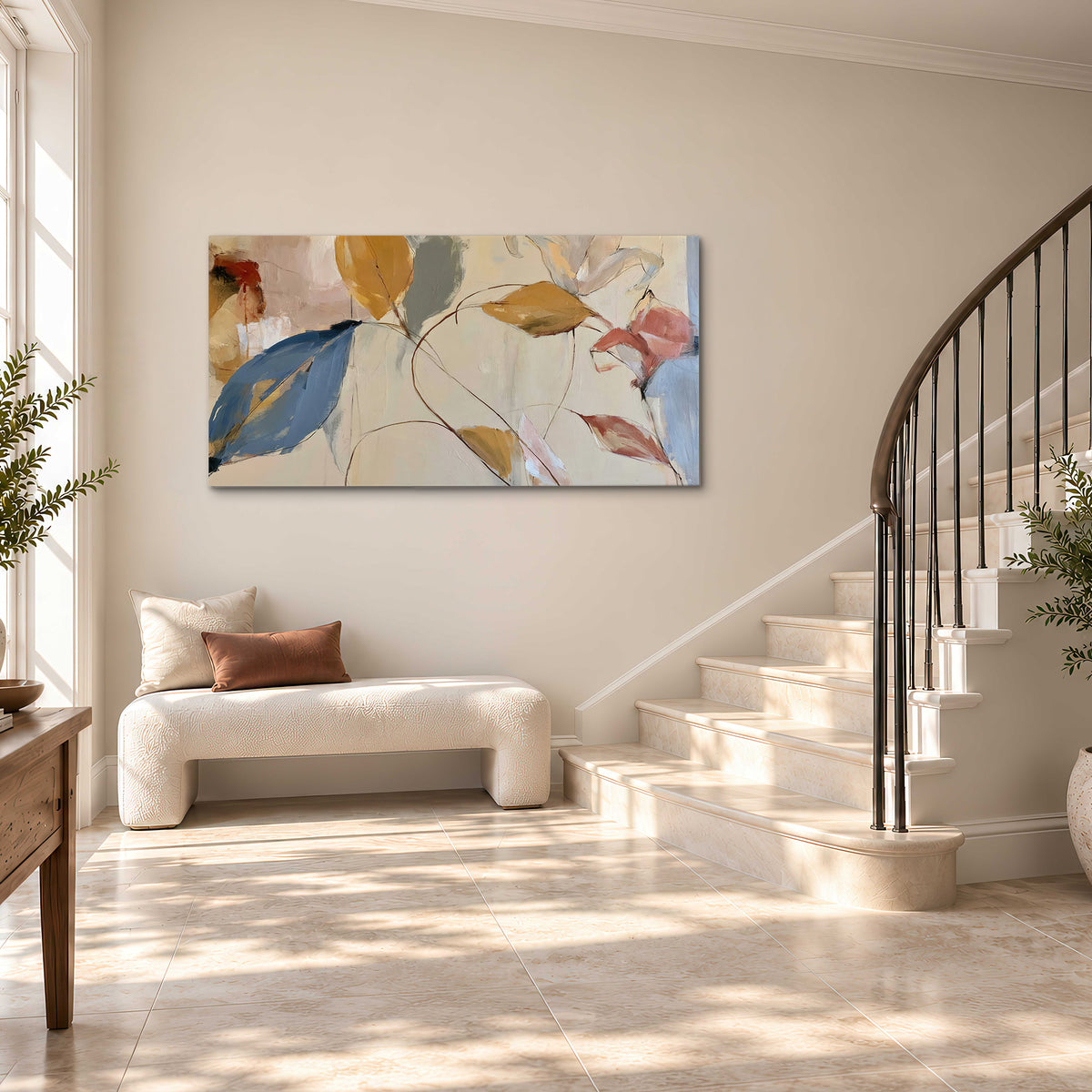 Loose ochre, blue and pink leaves arranged on a pale layered background single canvas wall art styled in an interior
