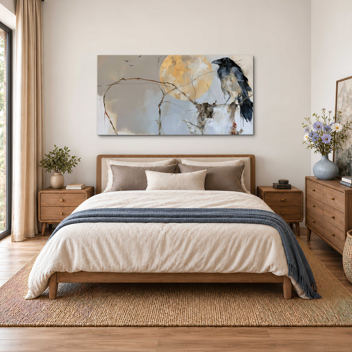 A dark raven beside a golden moon amid pale blue and cream painterly strokes single canvas wall art styled in an interior