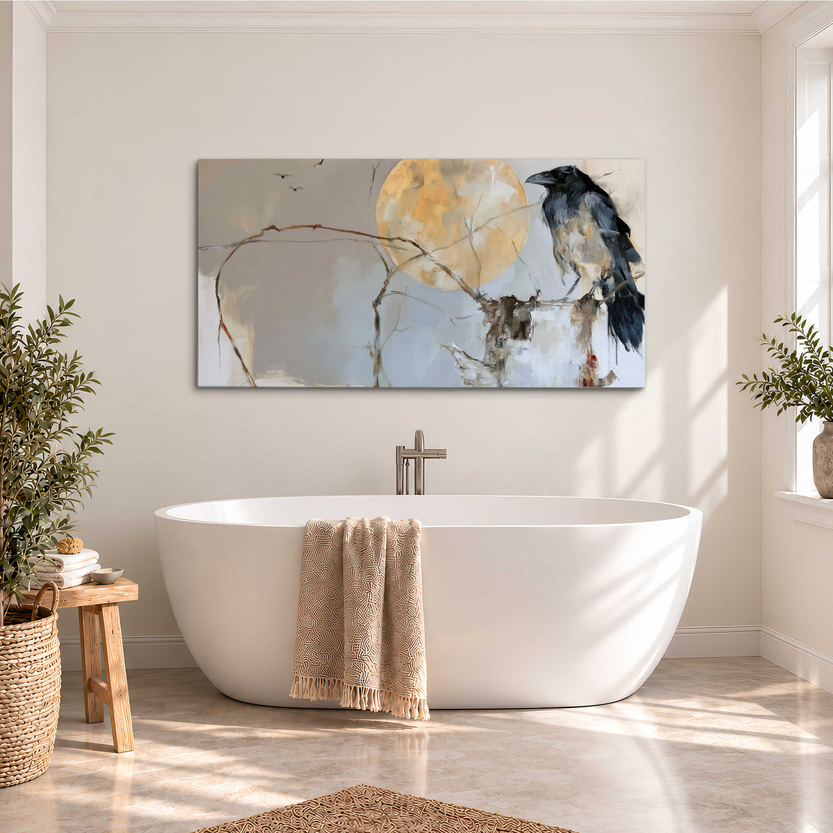 A dark raven beside a golden moon amid pale blue and cream painterly strokes single canvas wall art styled in an interior