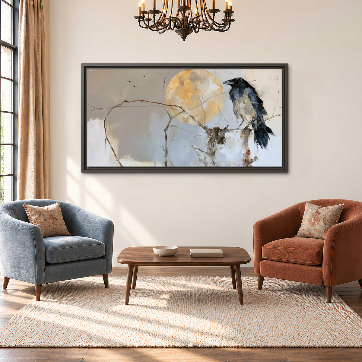 A dark raven beside a golden moon amid pale blue and cream painterly strokes single framed canvas wall art styled in an interior