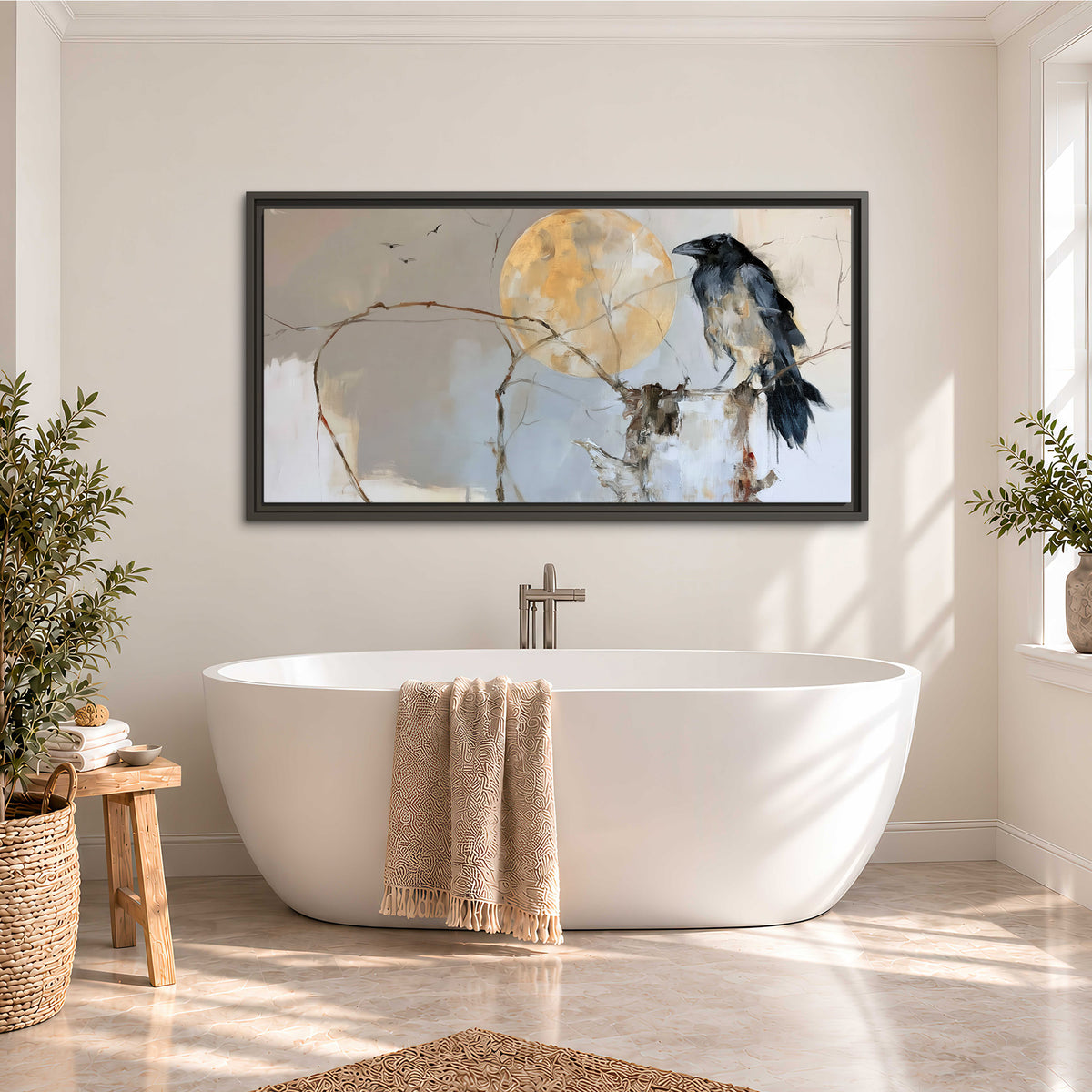 A dark raven beside a golden moon amid pale blue and cream painterly strokes single framed canvas wall art styled in an interior