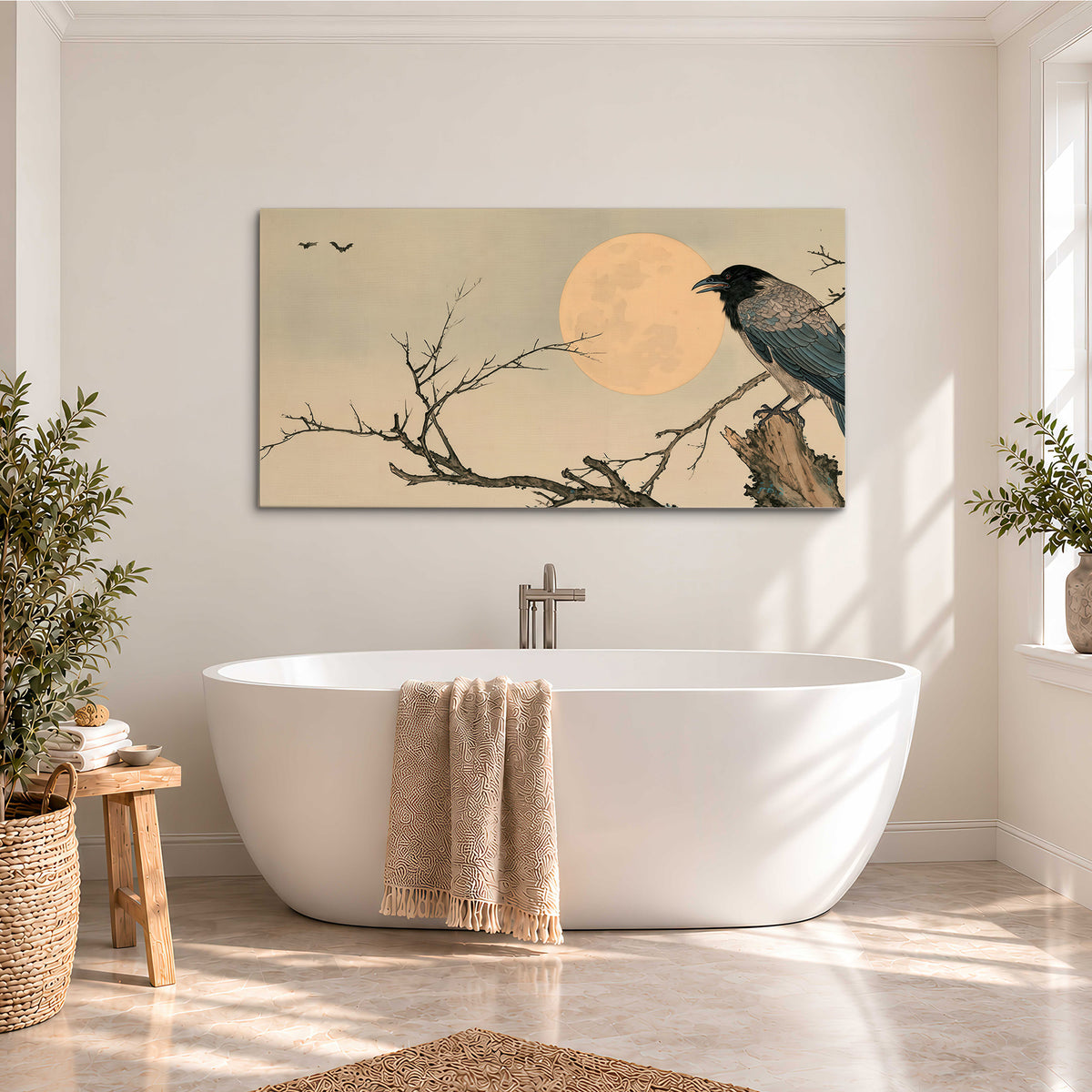 A dark raven perched on a bare branch beside a warm full moon single canvas wall art styled in an interior