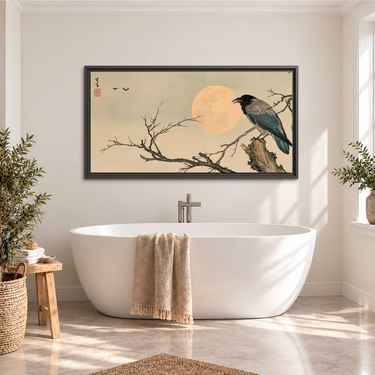 A dark raven perched on a bare branch beside a warm full moon single framed canvas wall art styled in an interior