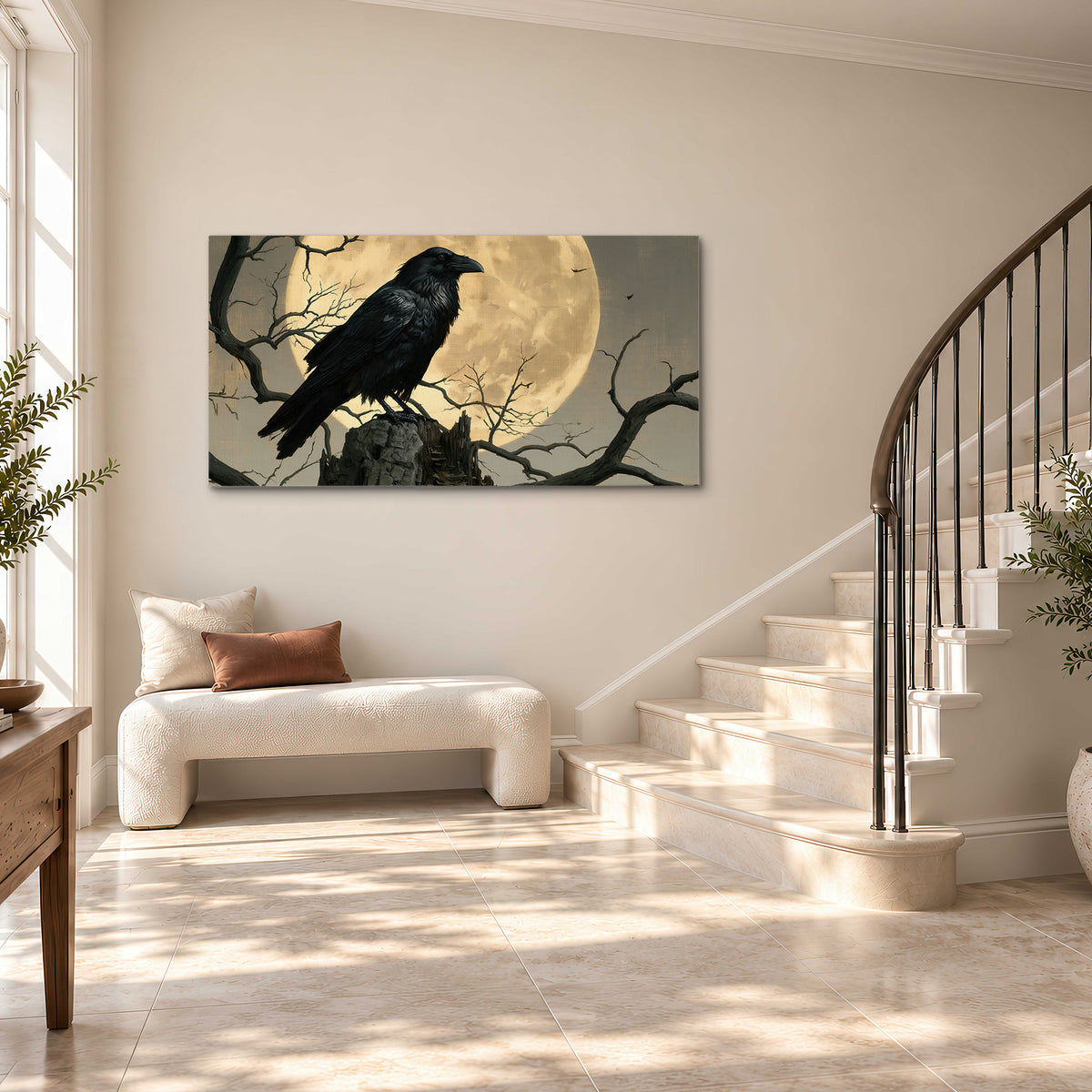 A black raven standing among bare branches in front of a large golden moon single canvas wall art styled in an interior