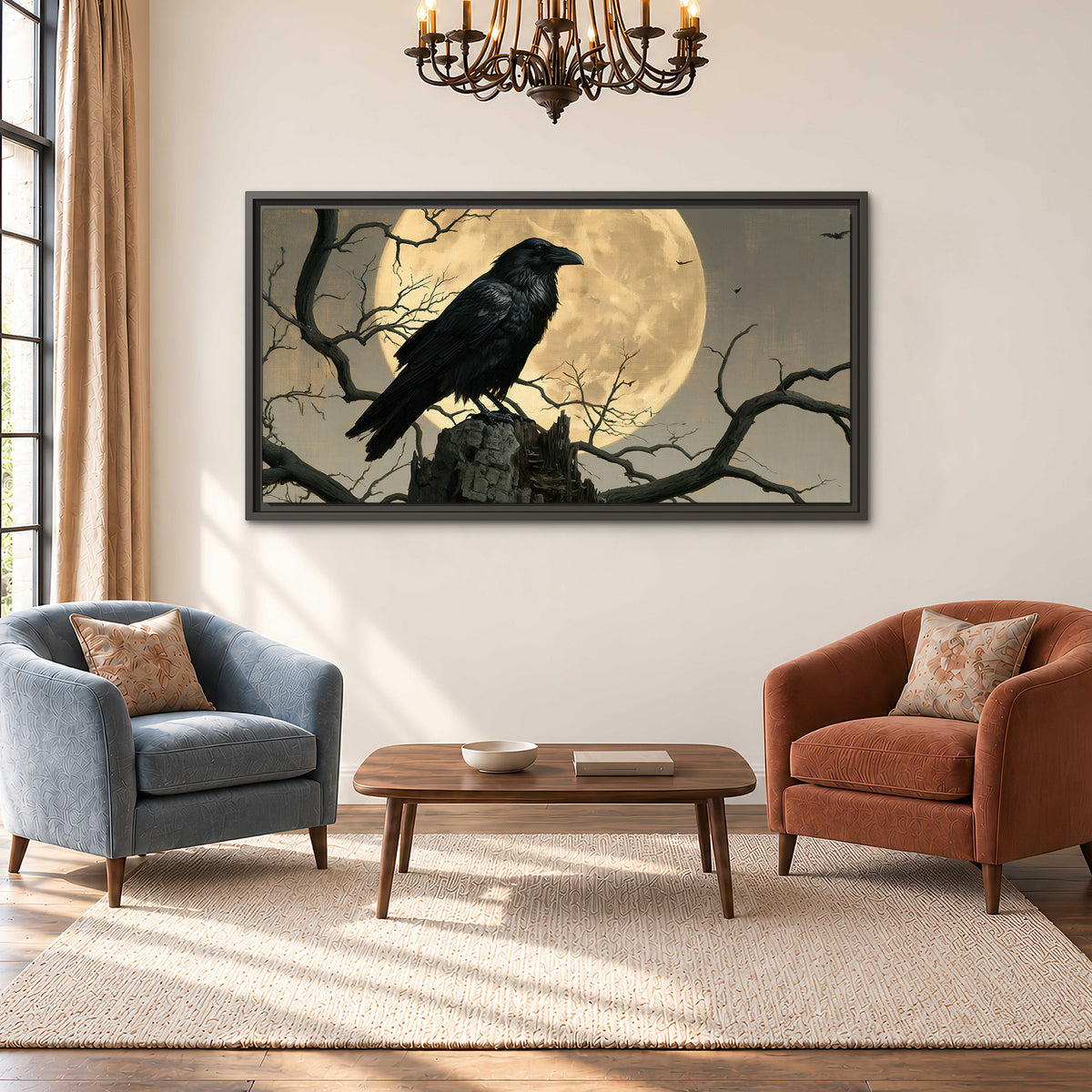 A black raven standing among bare branches in front of a large golden moon single framed canvas wall art styled in an interior