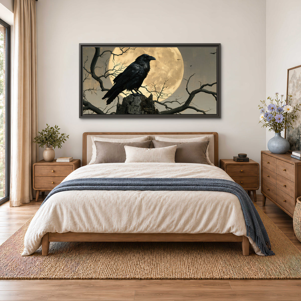 A black raven standing among bare branches in front of a large golden moon single framed canvas wall art styled in an interior