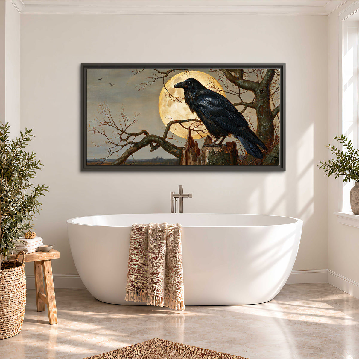 A dark raven perched on a branch beneath a warm moon in a shadowed woodland single framed canvas wall art styled in an interior
