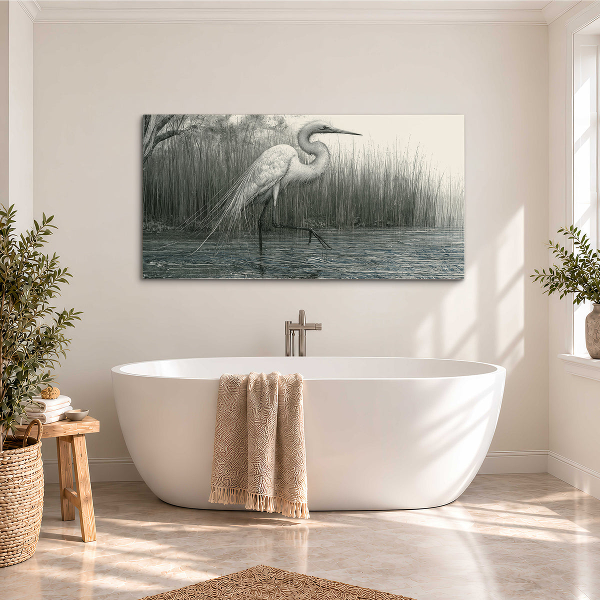 A pale long-legged heron standing beside tall reeds in a muted gray-green wetland single canvas wall art styled in an interior
