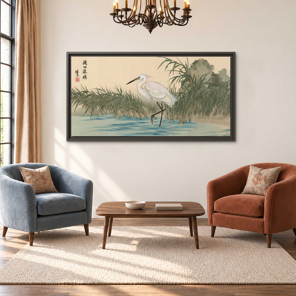 A white heron standing beside a quiet river with reeds and distant hills single framed canvas wall art styled in an interior