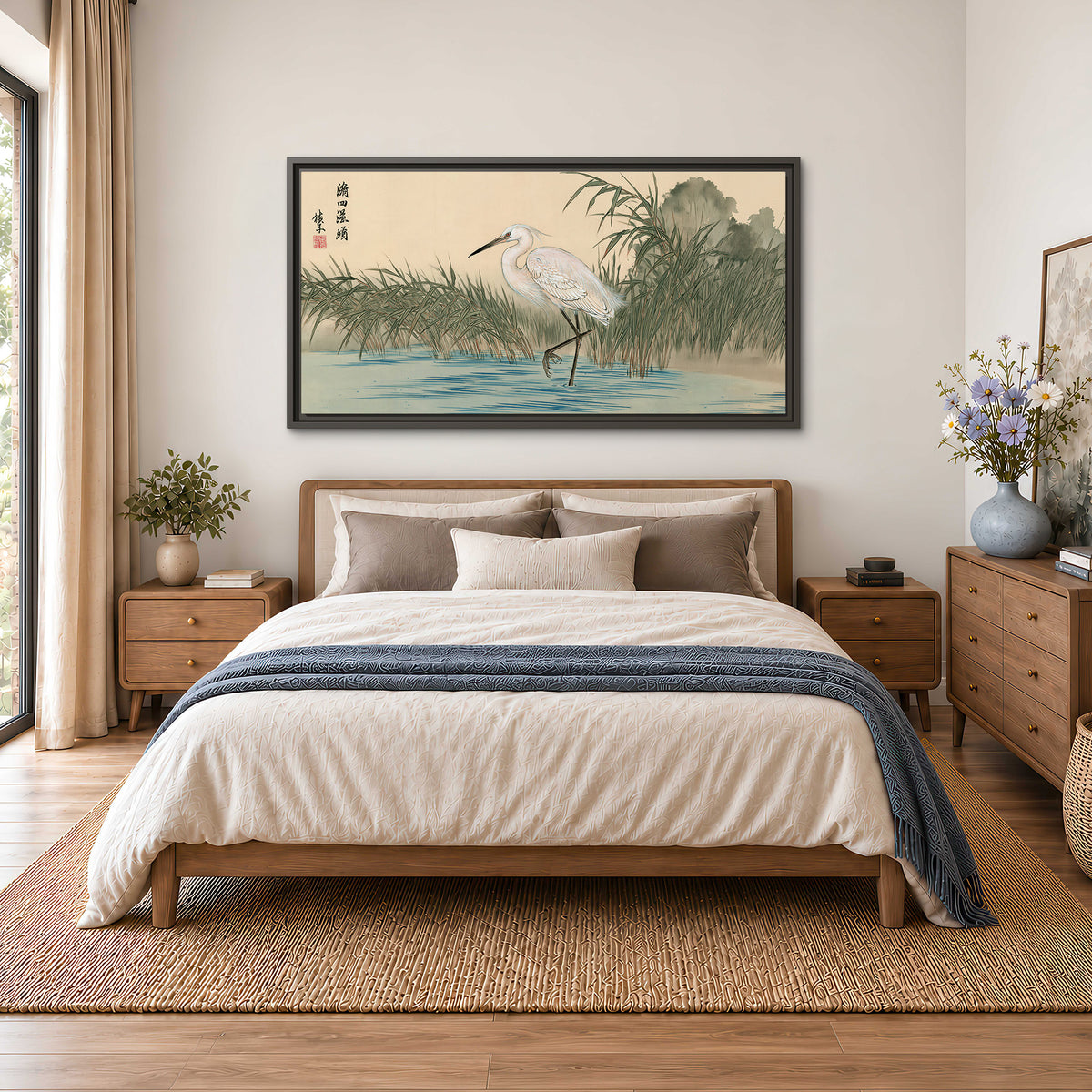 A white heron standing beside a quiet river with reeds and distant hills single framed canvas wall art styled in an interior