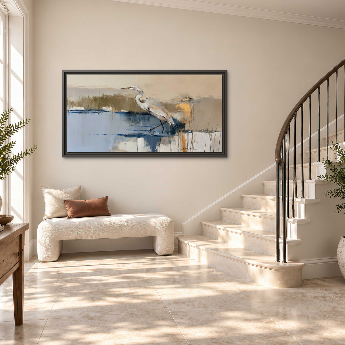 A slender heron standing in blue water among loose ochre and cream brushstrokes single framed canvas wall art styled in an interior
