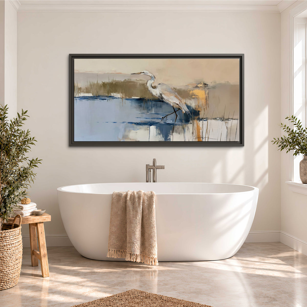 A slender heron standing in blue water among loose ochre and cream brushstrokes single framed canvas wall art styled in an interior