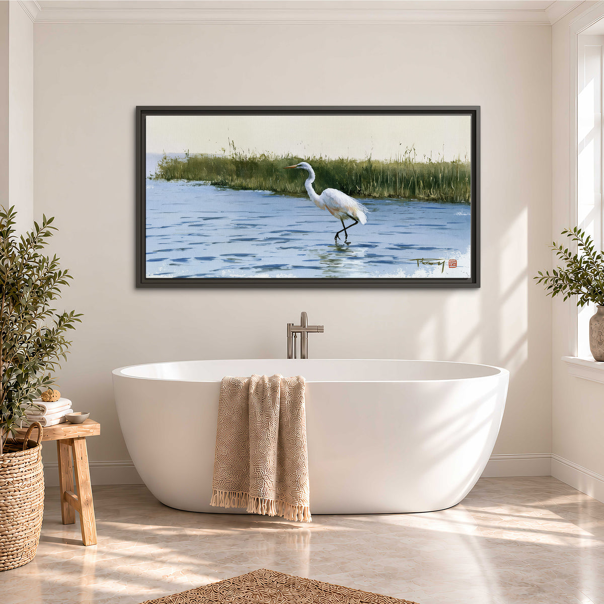 A white heron wading through bright blue water beside green reeds single framed canvas wall art styled in an interior