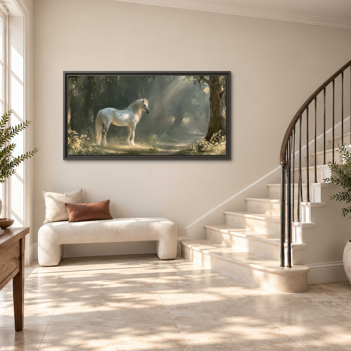 A white unicorn standing beneath arching trees in a softly lit woodland single framed canvas wall art styled in an interior