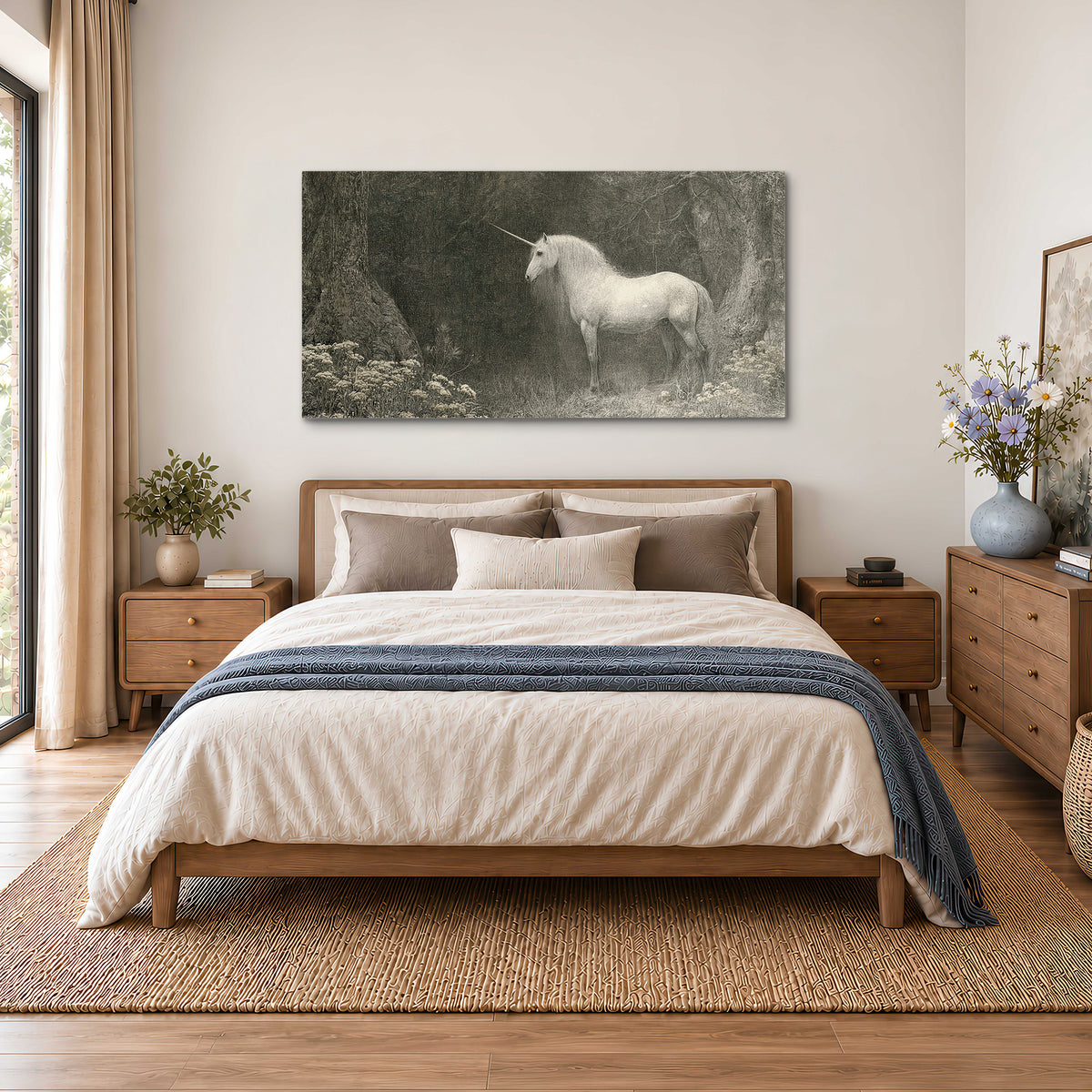 A pale unicorn surrounded by fine gray woodland branches and soft mist single canvas wall art styled in an interior