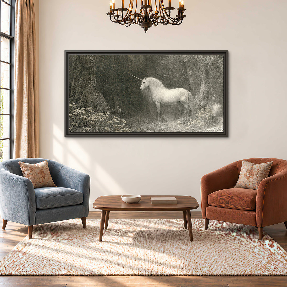 A pale unicorn surrounded by fine gray woodland branches and soft mist single framed canvas wall art styled in an interior