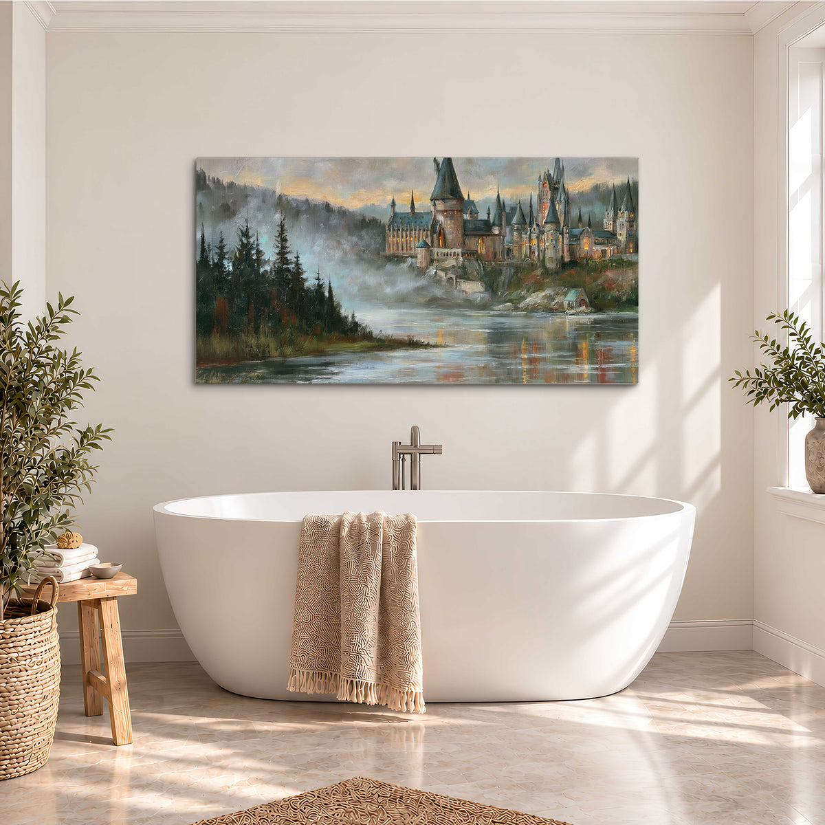 A storybook castle on a wooded riverbank beneath a cool misty sky single canvas wall art styled in an interior