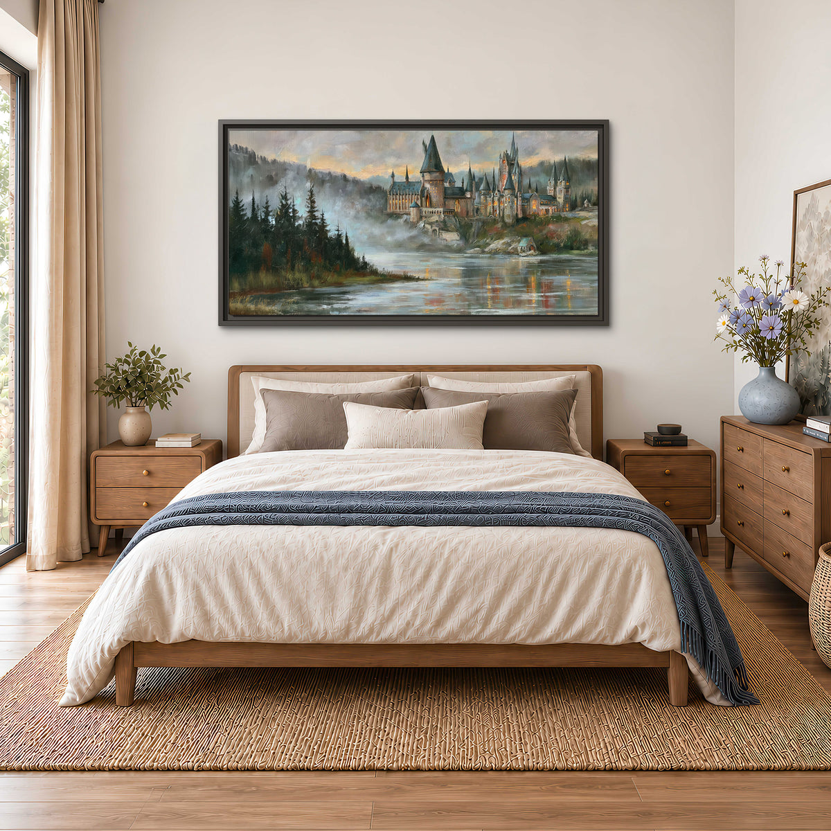 A storybook castle on a wooded riverbank beneath a cool misty sky single framed canvas wall art styled in an interior