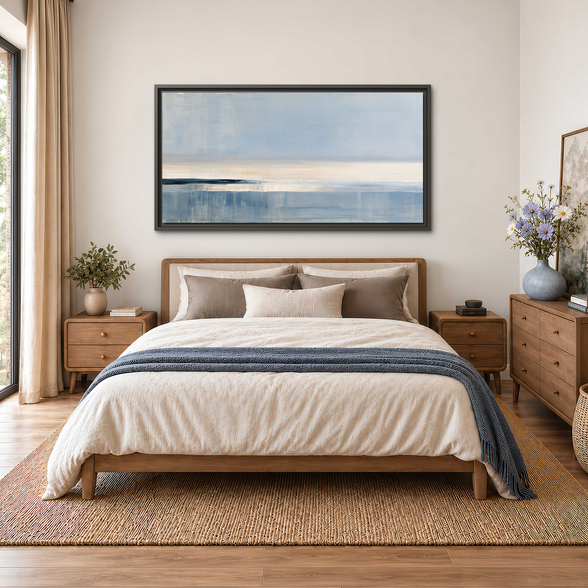 A minimal blue seascape with a pale horizon and soft vertical reflections single framed canvas wall art styled in an interior