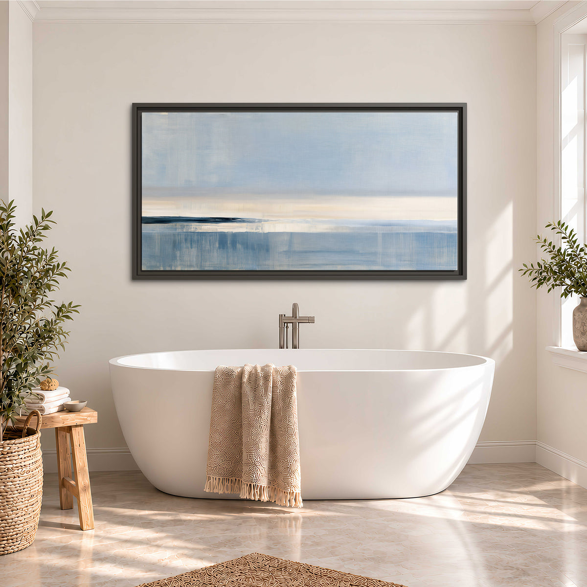 A minimal blue seascape with a pale horizon and soft vertical reflections single framed canvas wall art styled in an interior
