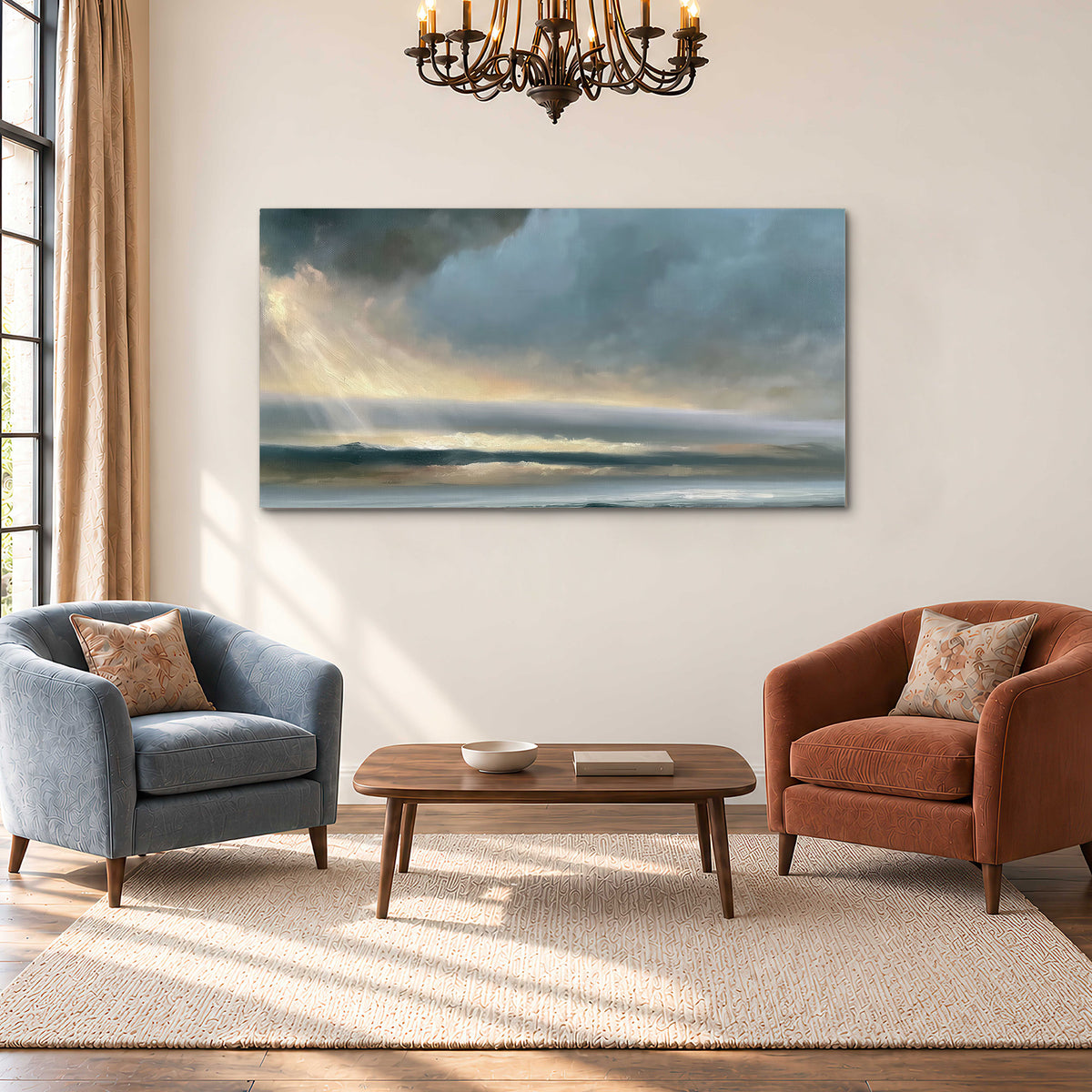 Dramatic blue-gray storm clouds breaking over a pale strip of ocean light single canvas wall art styled in an interior