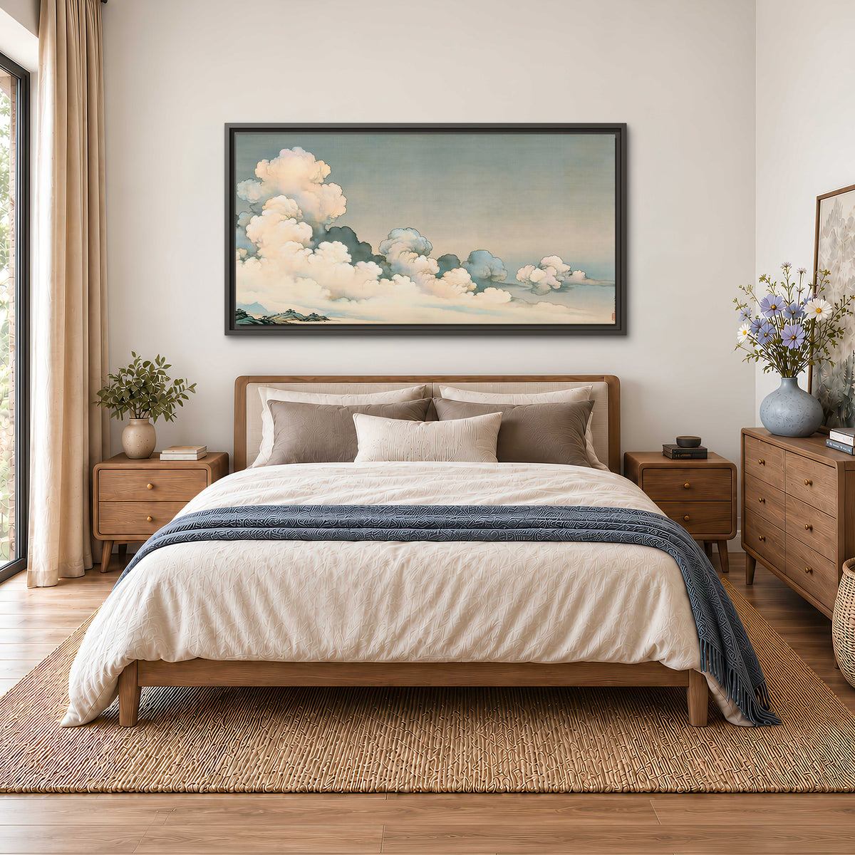 Soft cream clouds gathered low in a muted blue-green sky single framed canvas wall art styled in an interior