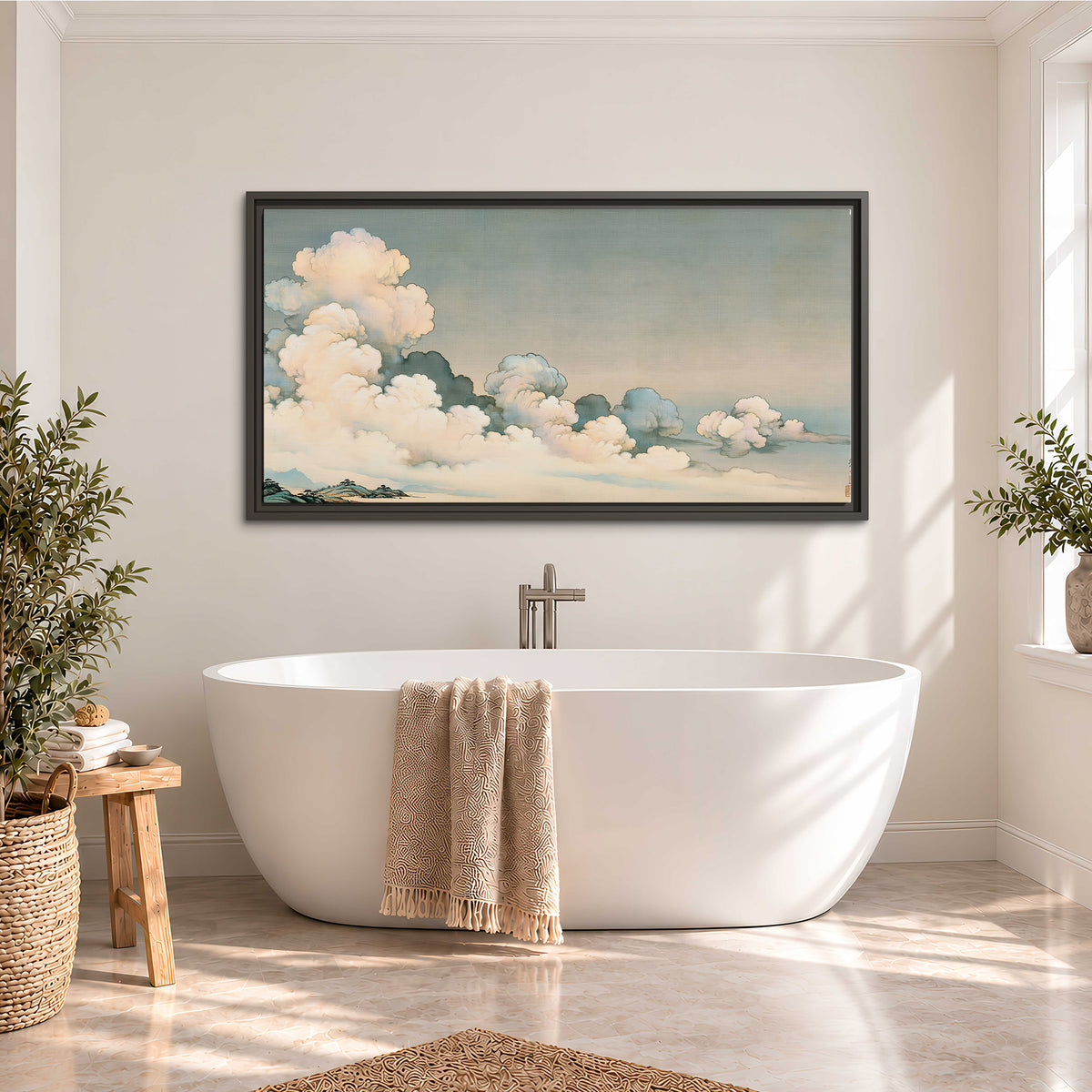 Soft cream clouds gathered low in a muted blue-green sky single framed canvas wall art styled in an interior