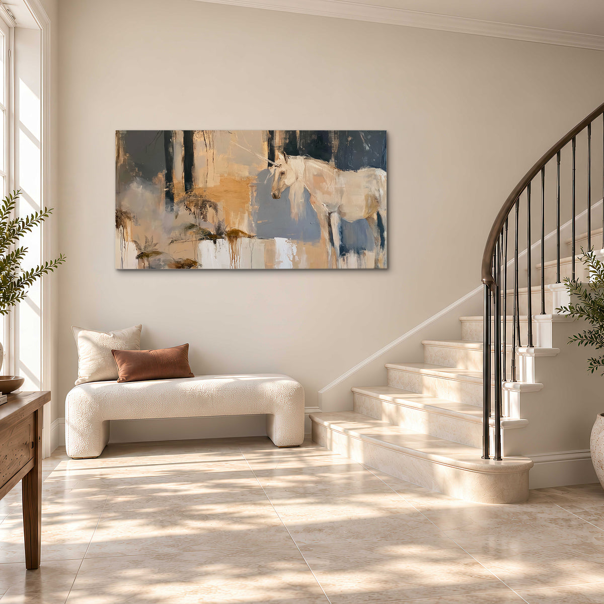 A pale unicorn emerging from loose vertical strokes of blue, ochre and cream single canvas wall art styled in an interior