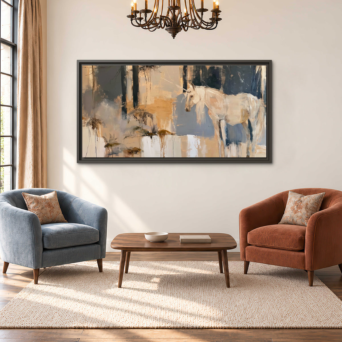 A pale unicorn emerging from loose vertical strokes of blue, ochre and cream single framed canvas wall art styled in an interior