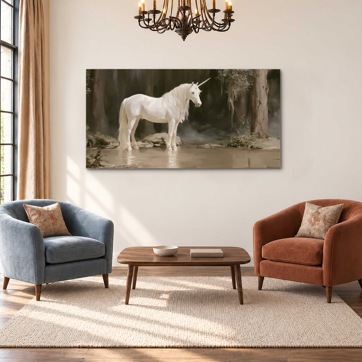 A white unicorn standing beside shallow water beneath tall shadowed trees single canvas wall art styled in an interior