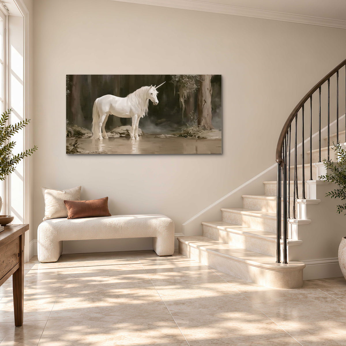 A white unicorn standing beside shallow water beneath tall shadowed trees single canvas wall art styled in an interior