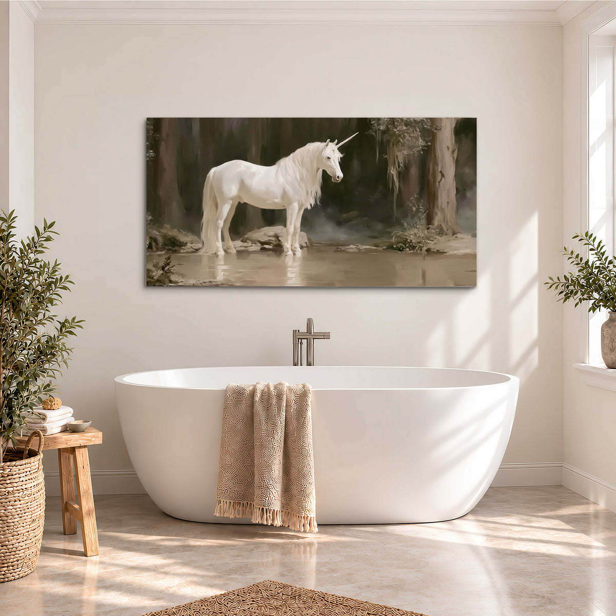 A white unicorn standing beside shallow water beneath tall shadowed trees single canvas wall art styled in an interior