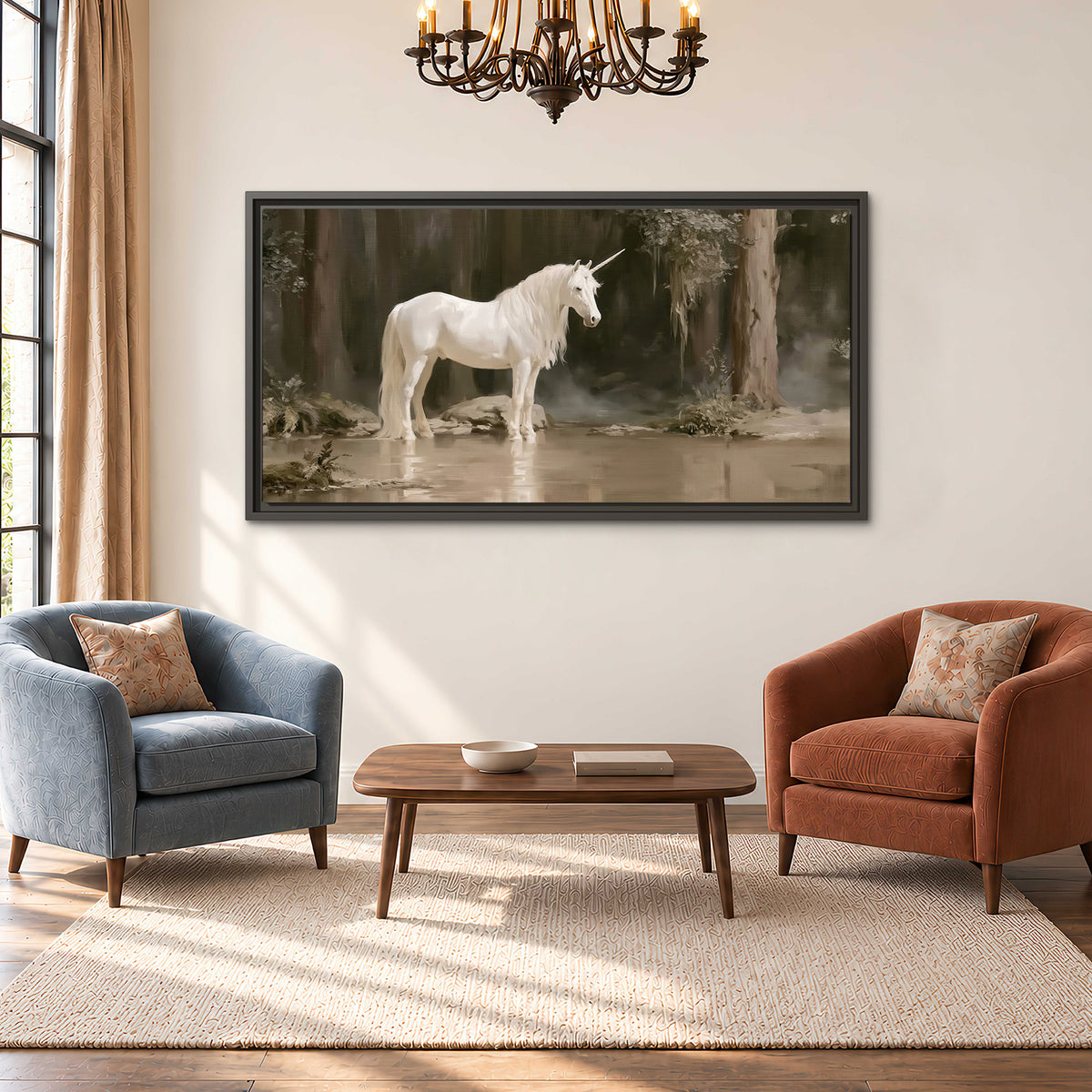 A white unicorn standing beside shallow water beneath tall shadowed trees single framed canvas wall art styled in an interior